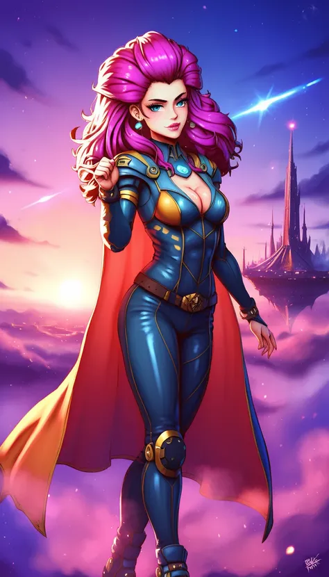 centered image,  general plan , a heroic landing of a super powerful girl, landing pose:1.5, heroic and powerful looking young girl, face with kind and determined features, the cape fluttering, landing softly with a dynamic pose, futuristic cityscape of sk...