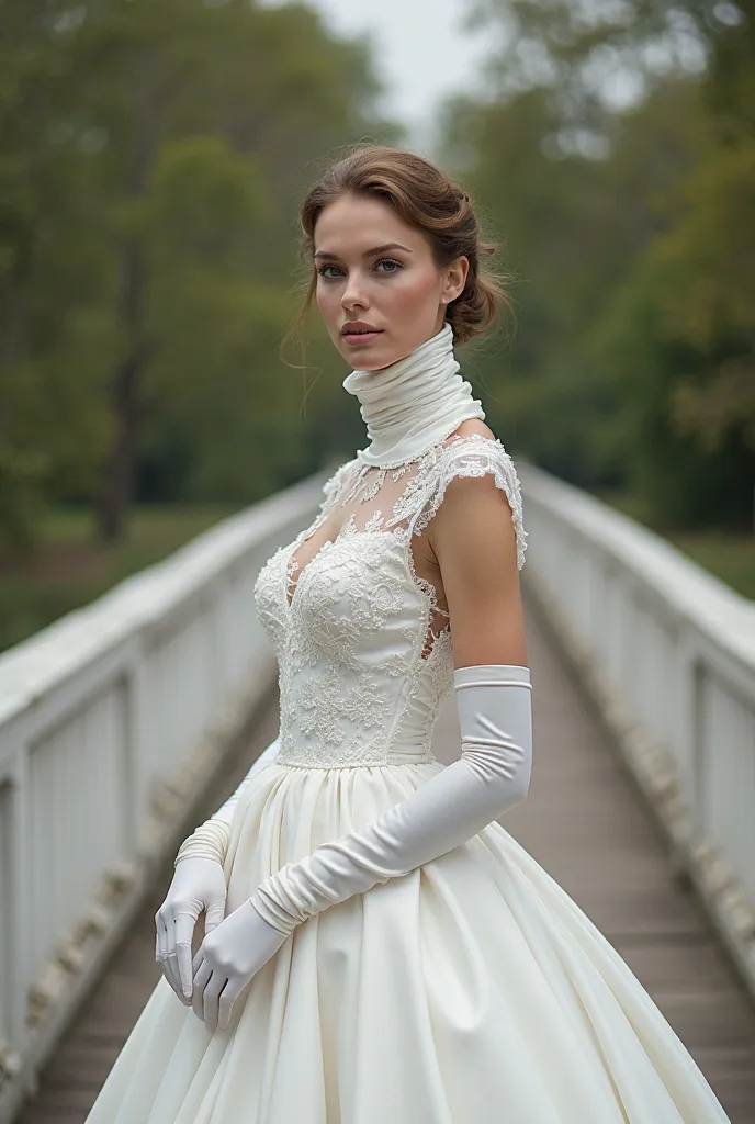 "A beautiful woman with an extremely long neck. She wears a wedding dress ,  completely white, with a tight high collar, corrugated , that wraps around and covers her entire long neck. The fabric of the dress is made of delicate lace and satin, with short ...