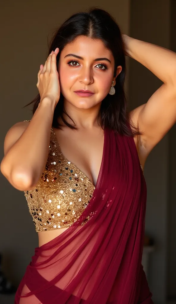 Generate a close up front image of a woman in a maroon semi transparent sleeveless saree. The blouse is golden colour with mirror sequins. It has no sleeves and has a golden satin finish. The woman is giving a sexy, seductive and bold. Her hands are up adj...