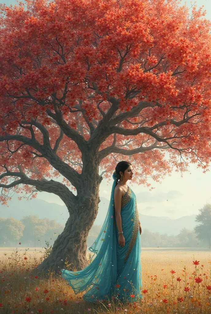 A girl wearing a blue sari stands far away under a beautiful palash flower tree.