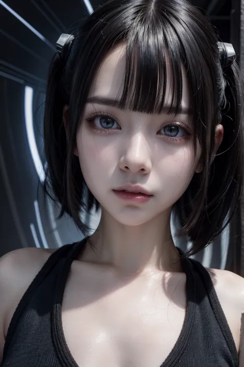 best quality, masterpiece, ultra high res, RAW photo, (photorealistic:1.4), (facing directly forward), portrait, nsfw, beautiful japanese girl, pale skin, black hair, bangs, open clothes, show off nipples, (cyber punk background)