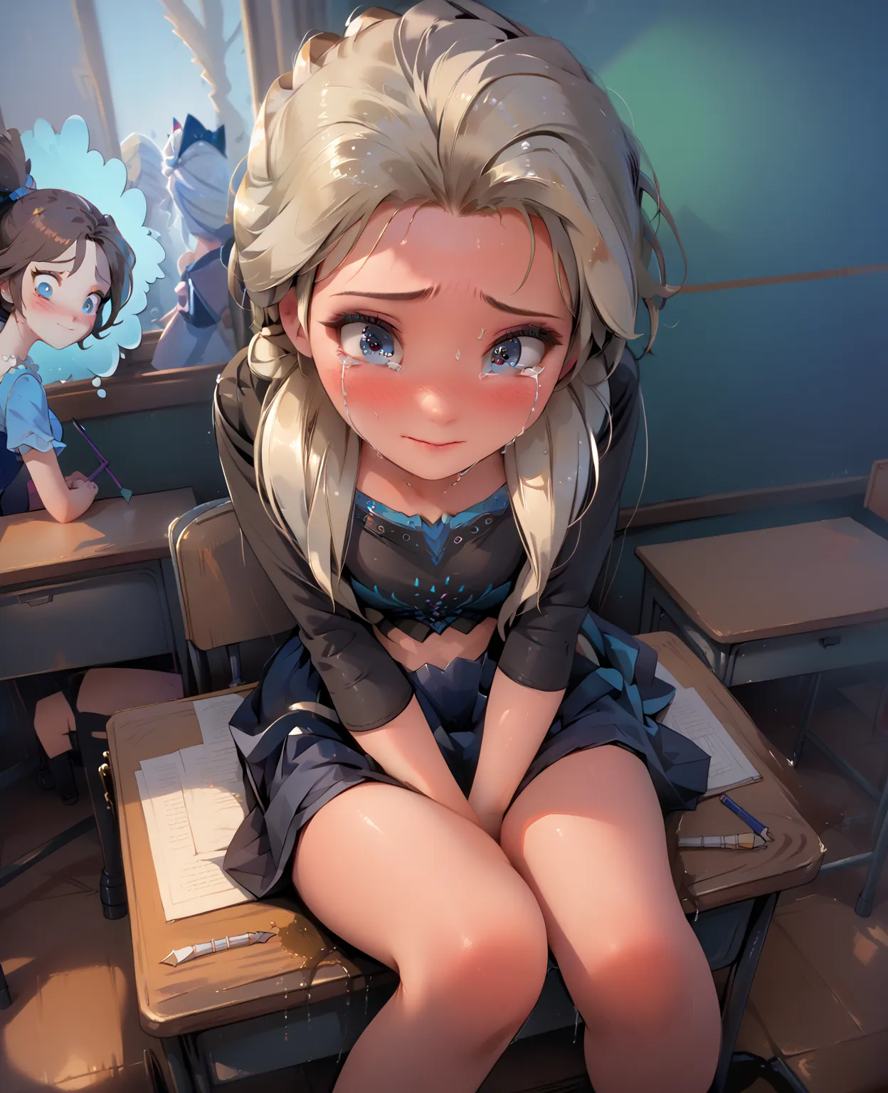 One girl, Elsa from Disneys frozen , blue dress, sexy, beautiful girl, innocent, all alone, clear eyes, in a classroom, ((desperate to pee)), (embarrassed), double-crossed legs, (hands between legs), leaning forward, (peeing herself), panic face, ((worried...