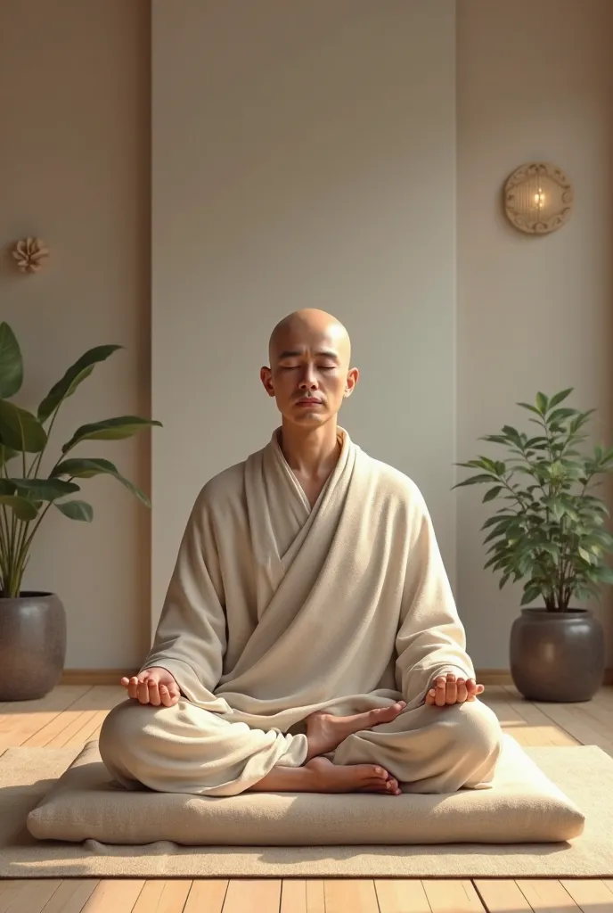 The monk sits in a peaceful room adorned with simple decor, a small plant beside him on the table.