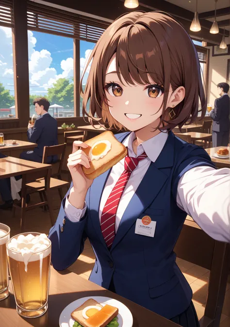 nsfw,1 girl,short hair,straight hair ,brown hair,Brown Eyes,swept bangs,smile,Selfie,cloudy, suit, skirt,tie,Restaurant,cheers,meal,Beer ,company,fat old man,cheers