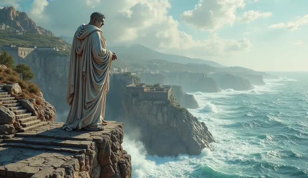 Stoic Reflection by the Ocean: A giant statue of Marcus Aurelius stands on a rocky cliff by the ocean, with waves crashing below. Ancient Roman stone steps lead up to the statue, and the sea breeze and tranquil waves embody the Stoic principle of serenity ...