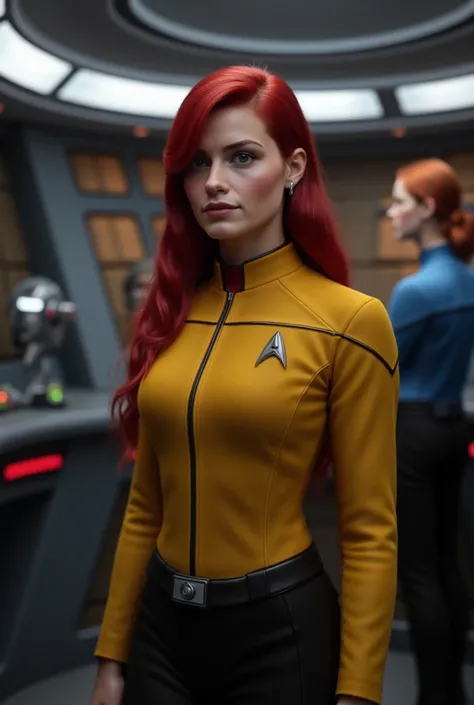 Photo-realistic Ariel in classic Star Trek outfit on the bridge of the USS Enterprise