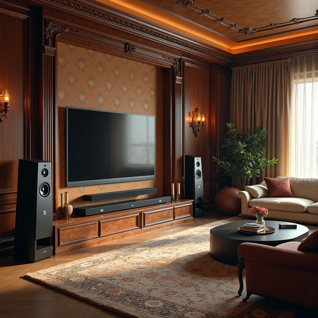 creates a picture of a luxurious living room with 4 types of speakers: Built-in tv speaker, soundbar, Separate speaker, loa bluetooth