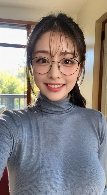  (8k、RAW photo、Highest quality、masterpiece:1.2)、(realistic、Photorealistic:1.37)、Girl 1 Human、 Japanese, Big Breasts,  huge breasts, round face, (Thick lips), Cute Nose, perfect face, beautiful, supermodel face,   Round Framed Glasses , Hourglass Shape,  yo...