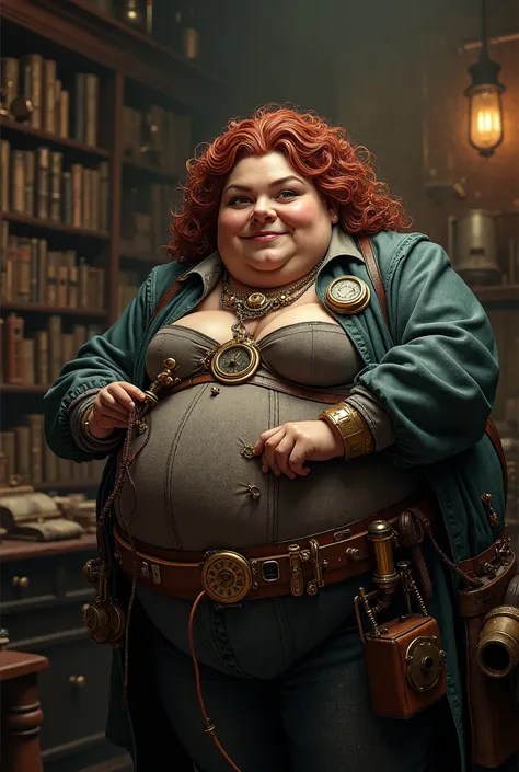 steampunk doctor, extremely fat white woman, dark red hair, listening to patient's chest with steampunk stethoscope