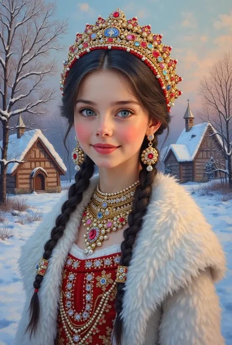 canvas, oil, palette knife . Portrait of a smiling young girl of Slavic origin, depicted in the winter scene. She is . She has fair skin., bright light blue eyes . Her dark hair is wrapped in two long, skinny braided braids. She is wearing an ornate tall t...