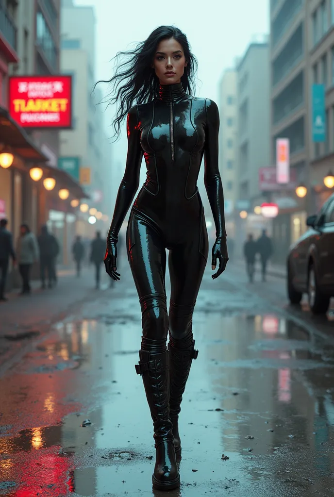 a woman in a wet suit and boots walking down a street, cyberpunk art by Adrian Zingg, trending on cgsociety, digital art, seductive cyberpunk dark fantasy, cyberpunk angry gorgeous goddess, cyberpunk girl, female cyberpunk, cyberpunk 2 0 y. o model girl, c...