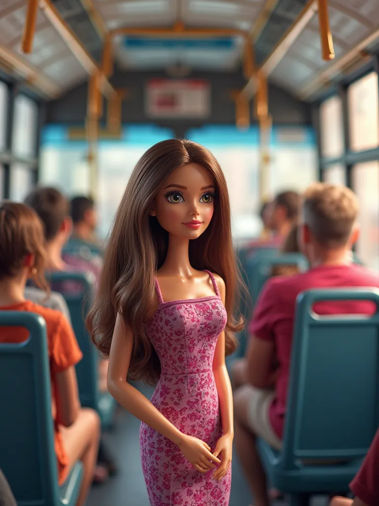 Barbie with brown hair, On a standing bus, Taking the super tube so as not to fall, with people sitting on the seats of the bus, It has a sad face .