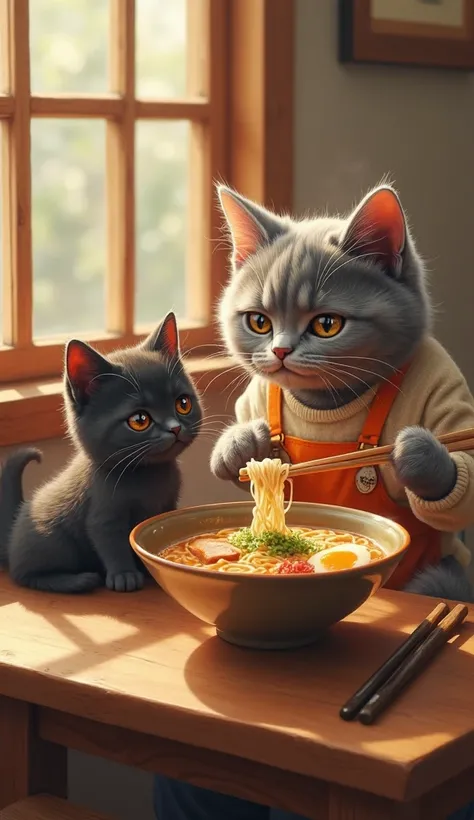 Savoring Every Bite of Ramen

"In a cozy dining nook filled with warm light, the grey anthropomorphic kitten, now wearing a soft beige cardigan and a neatly tied orange apron, sits at a small wooden table, a bowl of steaming ramen in front of it. Next to t...