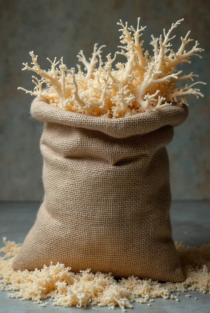 Burlap sack filled with mycelium tied up