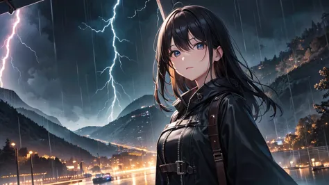 Highest quality、masterpiece、lightningが輝く瞬間、thunder、heavy rain、 Fantastic、Mysterious high resolution、4K、HDR、realistic、professional、Vivid Color、Bokeh、dark vibe、 mystical scenery、巨大なthunder雲、lightning、激しいheavy rain、 Dramatic Lighting、Dark Tones、Ultra Detailed...