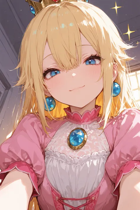 masterpiece, best quality, ultra-detailed,r17329_illu,usnr,luisap, General,xxx667_illu,1girl\(princess peach\), close-up shot, dynamic pose, slightly low angle, winking with a cheerful smile, Kawaii style, Cel Shading, Bloom Effect, Starburst Effects, ultr...
