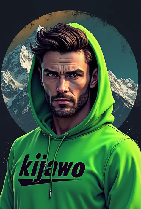 a man3d wear hoodie green pop up name "kijawo"handsome flag black background gunung