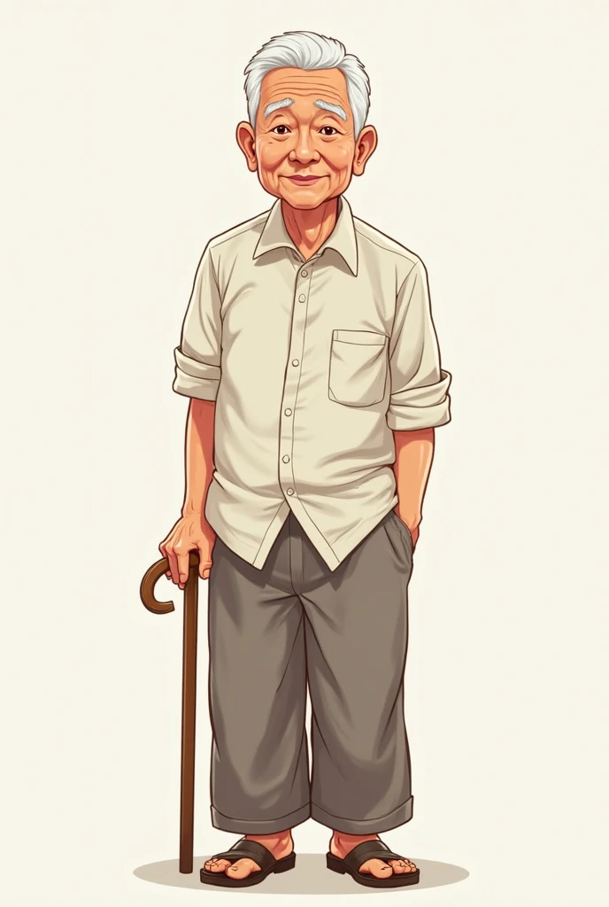 Create a full-body anime-style illustration of a 60-year-old Thai grandfather. He should have a kind, weathered face with visible wrinkles, reflecting his age and wisdom. His hair should be short and white, neatly styled. His facial features should reflect...