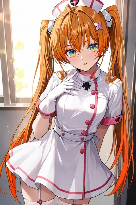 ((masterpiece)), ((high_quality)), (1girl), ((eyesHD)), (high gradient eyes), Ogisu Setsuna, A beautiful young woman with long, vibrant orange and toasted red hair tied into two pigtails with yellow hair accessories, and bright green eyes full of confidenc...