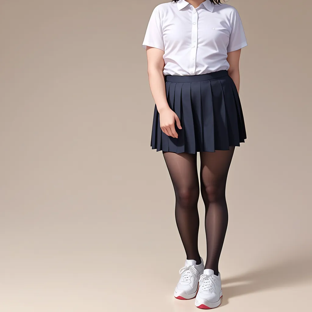  1femboy, (Fat:0.8), stands on his feet, short black hair men's haircut,  brown eyes, white shirt, black tights, black skirt knee length,  white sneakers, shy,  decent