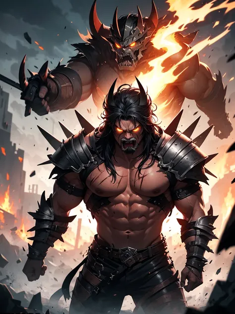 A muscular, battle-hardened orc warrior with intensely saturated red skin and a fierce expression, shown from the waist up. He has long, dark hair tied into a warrior’s topknot and glowing yellow eyes filled with rage. His massive upper body is covered in ...