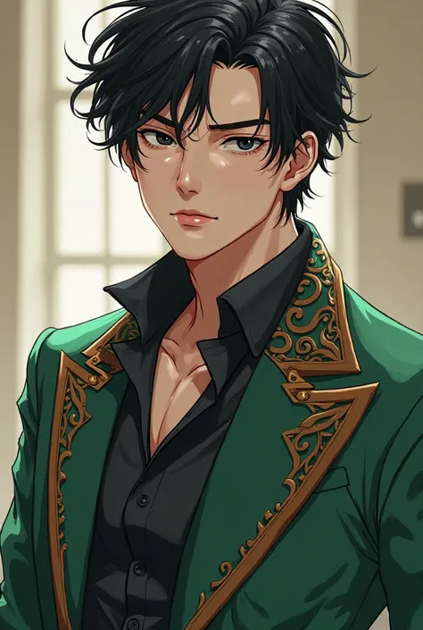 anime style. EXTREMELY HANDSOME AND MASCULINE YOUNG MAN, WHITE-SKINNED WITH SHORT BLACK HAIR AND BLACK EYES. WEAR A VERY IMPRESSIVE AND MANLY GREEN DRESS WITH BROWN DETAILS