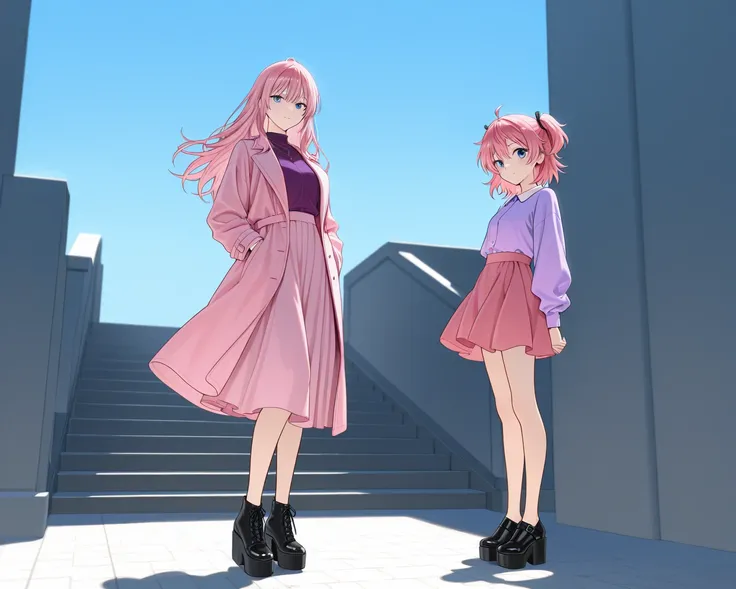 anime girls, 2girls, full body, standing, bare legs, light skin, pink long hair, sky blue eyes, purple shirts, pink coats, pink skirts, black platform shoes