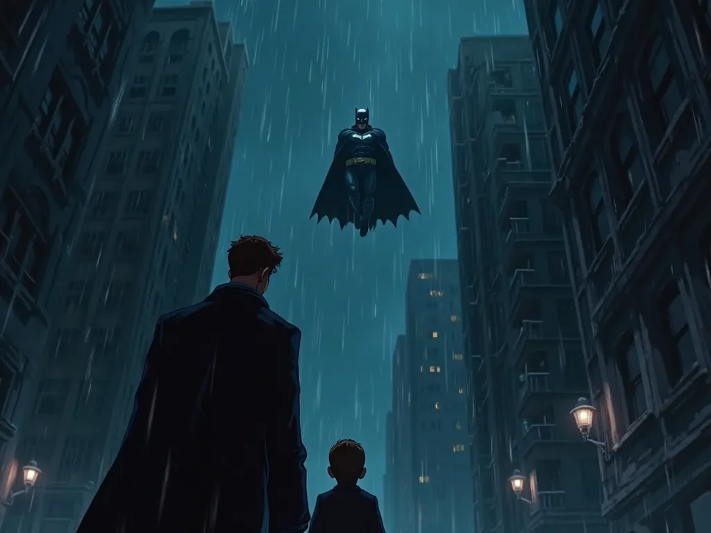 The night of Gotham City, there is darkness and light rain all around. Commissioner Gordon is standing with his son, his eyes are deep thinking. Away, Batman jumping from the roof of a high building and disappearing in the dark,3D cartoon animation