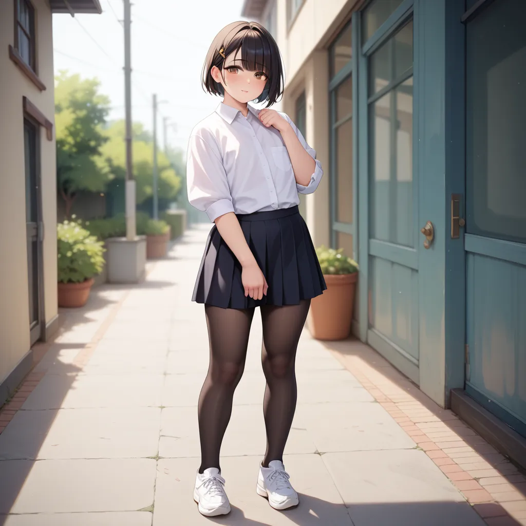  1femboy, (Fat:0.8), stands on his feet, short black hair men's haircut,  brown eyes, white shirt, black tights, black skirt knee length,  white sneakers, shy,  decent