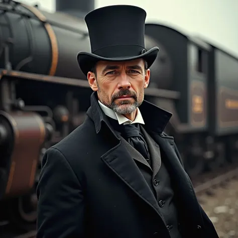 A head and shoulders photogrphic portrait of a victorian gentleman,he is wearing a top hat and a black coat, an old steam train is the backdrop, 4k resolution clarity. The composition focuses on victorain era.