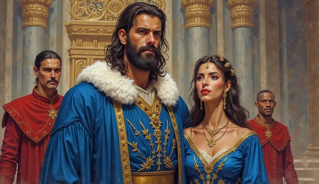 A majestic king with a beard stands in the grand kingdom court, wearing royal blue and cold-colored clothes. Beside him, a beautiful princess, dressed in royal blue and red clothes, adorned with gold jewelry, exudes a sexy and elegant appearance. Behind th...