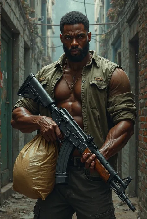 A black  male  holding a bag of money and an ak 47