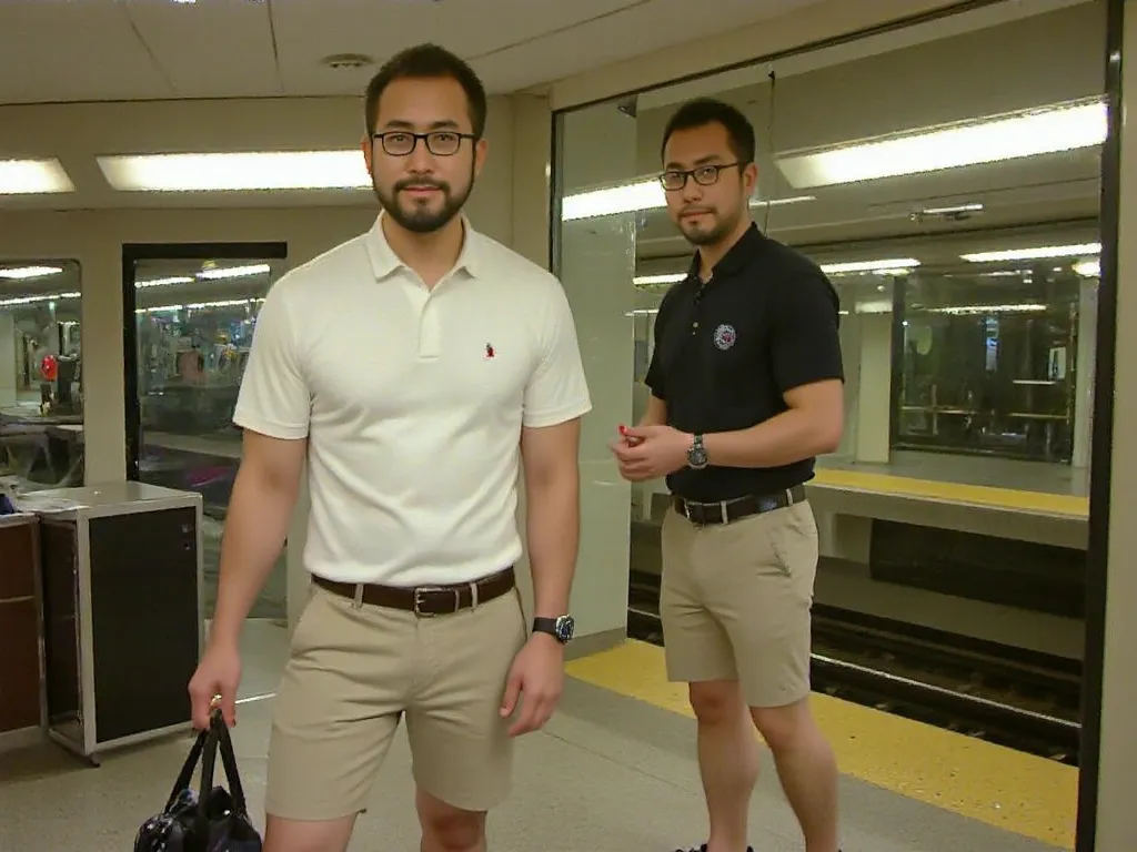 man waiting for the train in the thailand BRT sky train trainstation, he wears polo with beige shorts and sport shoes and capybara satchel bag, asian man with glasses, pixels contest winner, neo-dada, 35mm —w 1920 —h 1080, chatuchak park station, close up,...