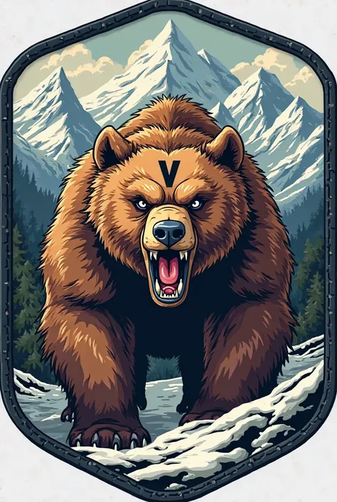 Military patch with an aggressive brown bear with a Roman V tattooed on his head with an open mouth, The background of the Brenner Pass. The style must be cartoon 