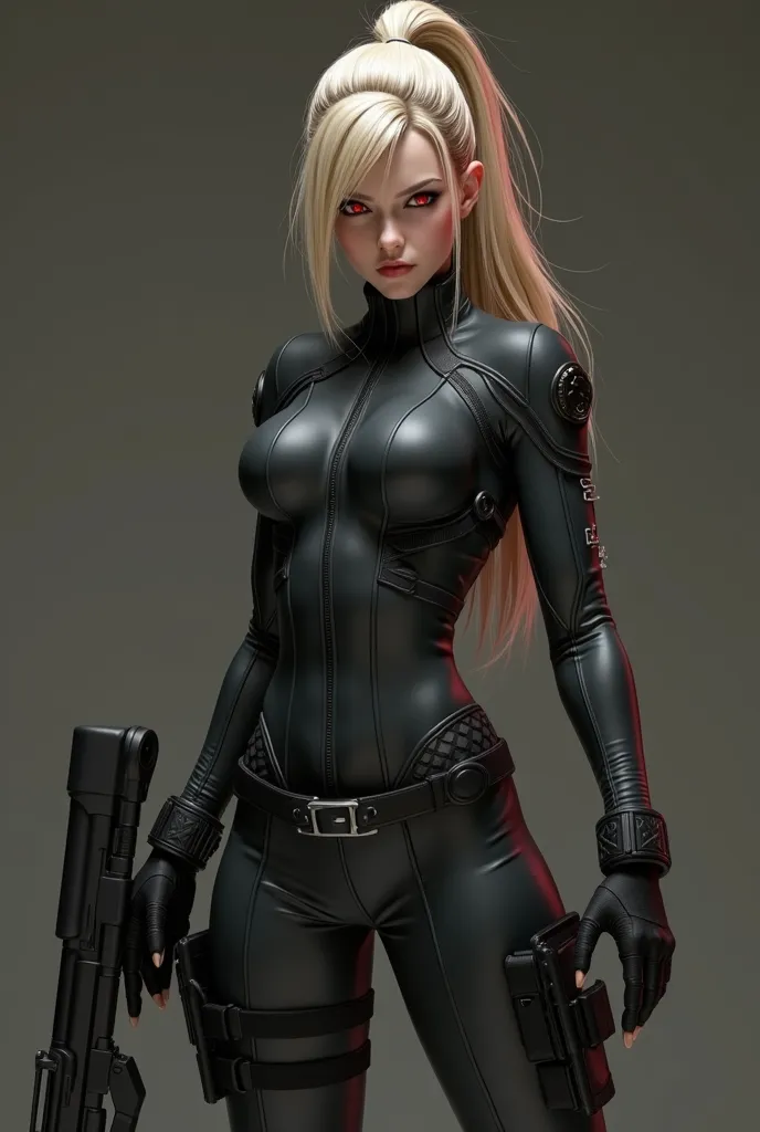 An evil and terrifying special forces unit. If You look closely, You&#39;will see, that she has a cute face and a sexy outfit, blonde, seductive pose, angry look, red eyes, tight dark tactical jumpsuit, the refined waist , , the girl's hair is gathered in ...