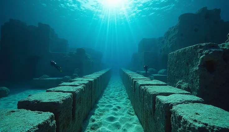 "A mysterious underwater scene off the coast of the Bahamas, where massive, perfectly aligned stone blocks form the enigmatic Bimini Road. Sunlight filters through the crystal-clear waters, casting an ethereal glow on the submerged pathway, as if guiding t...