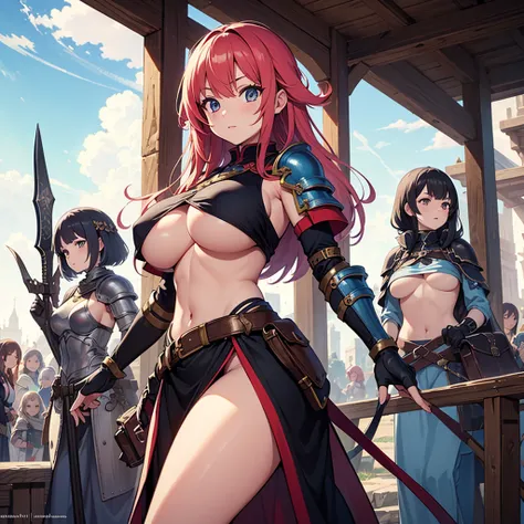 High quality, super detailed, best quality, highly detailed, beautiful, masterpiece, vibrant colors, shiny skin, perfect anatomy, female group, harem, knights, armor, medieval, fantasy, equipped with weapons, bags, pouches, big boobs, sideboob, underboob