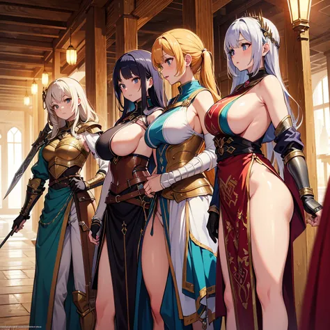 High quality, super detailed, best quality, highly detailed, beautiful, masterpiece, vibrant colors, shiny skin, perfect anatomy, female group, harem, knights, armor, medieval, fantasy, equipped with weapons, bags, pouches, big boobs, sideboob, underboob