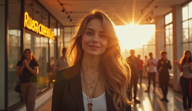 A hyper-realistic, uplifting image of a determined young hairstylist, around 30 years old, standing in front of her brand-new salon, holding the keys to her success. Her expression is filled with triumph and emotion, a slight smile on her lips, but her eye...