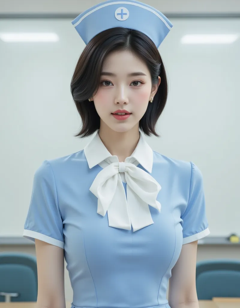 (A super cute Korean female teacher is standing in front of a whiteboard with a smile:1.2)(Grinning,Spreading smiles)(Beautiful Makeup:1.1)(16k,  RAW photos , Highest quality, masterpiece: 1.2)(black hair shortcut:1.2) Super Detail, super resolution, (Genu...