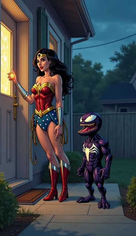  Venom and Wonder Woman standing outside a modern suburban house at night. Wonder Woman, wearing her iconic red, blue, and gold armor with her tiara and lasso at her side, is pressing the glowing doorbell with a confident expression.  Venom, a small but me...