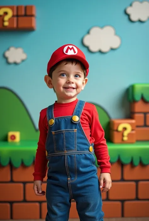 That this boy is dressed as Super Mario in a typical game setting