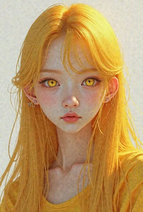 Korean student with long yellow hair, yellow eyes, and small earrings in the ears