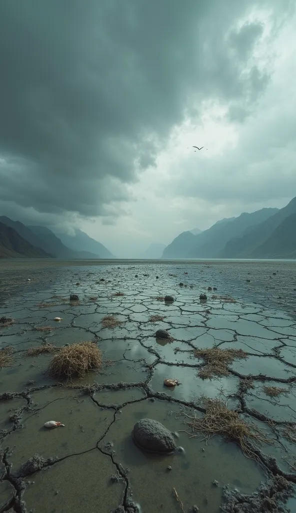 A vast, empty sea floor stretching endlessly under a grey and ominous sky. The water has vanished, leaving barren, cracked mud behind. A few scattered fish bones and dried seaweed lie on the dry land, while distant mountains seem shrouded in mist. The atmo...