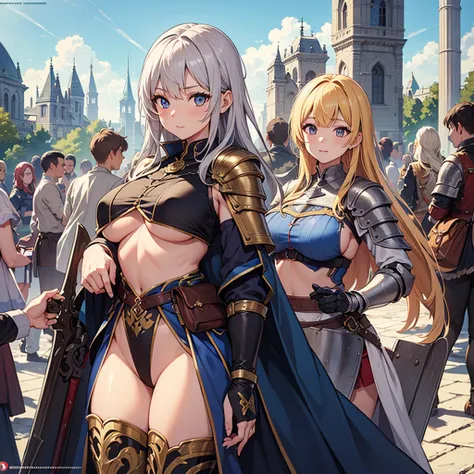 High quality, super detailed, best quality, highly detailed, beautiful, masterpiece, vibrant colors, shiny skin, perfect anatomy, female group, harem, knights, armor, medieval, fantasy, equipped with weapons, bags, pouches, big boobs, sideboob, underboob