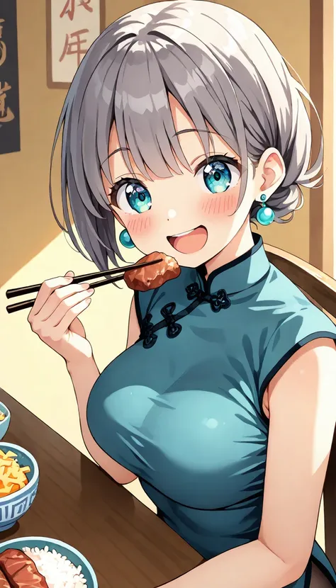 (masterpiece),8k,  (lovely), a girl, junior high school student, solo, (lovely), (dark charcoal gray hair, bob hairstyle),  (cool eyes, beautiful turquoise eyes :1.2), wearing detailed blue qipao , cute turquoise earrings,    ((middle breasts)), made with ...