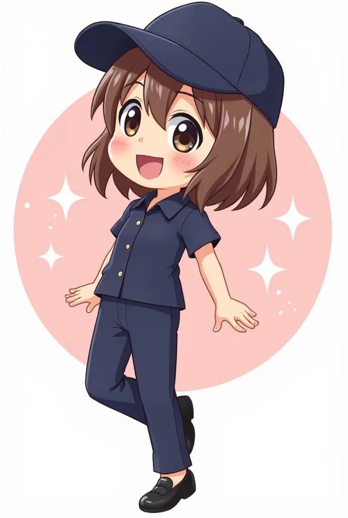 A cute cartoon style illustration of a brown-haired girl, wearing a dark blue short-sleeved uniform, slacks and a cap as the highlights, black pumps. She has a posture of rolling around laughing, her eyes are big and round, and she laughs very loudly. The ...