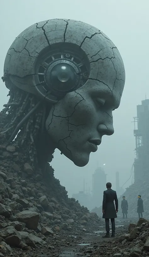 A dark, dystopian scene with a massive, cracked AI robot head lying in ruins amidst a desolate landscape of broken data servers and shattered computer screens. In the background, the faint silhouettes of business leaders with blindfolds stand helplessly, s...