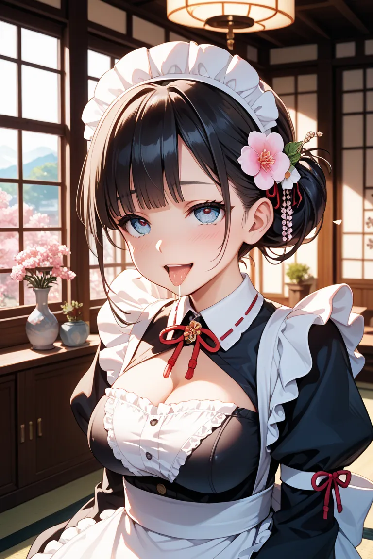 uncensored black hair short hair old fashioned japanese hairstyle flower hair ornament beautiful big boobs smart cute smile maid clothes ahe face saliva tongue nipple masturbation