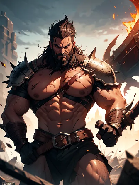 A powerful and battle-hardened orc warrior, Axe from Dota 2, shown from the waist up. His skin is a deep, highly saturated red, emphasizing his brute strength. He has a thick, black beard and cavanhaque, complementing his wild, dark mohawk. His glowing yel...